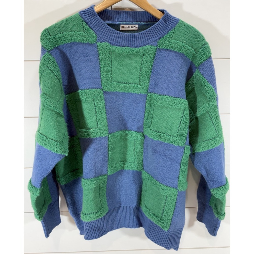 Kayla Girl Knit Sweater Women's Petite One Size Blue Green Big Square Checkered